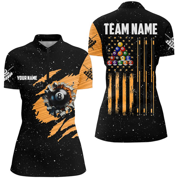 Customized Grunge American Flag 8 Ball Pool Women Billiard Polo Shirts, Pool Player Shirts |Orange TDM3171