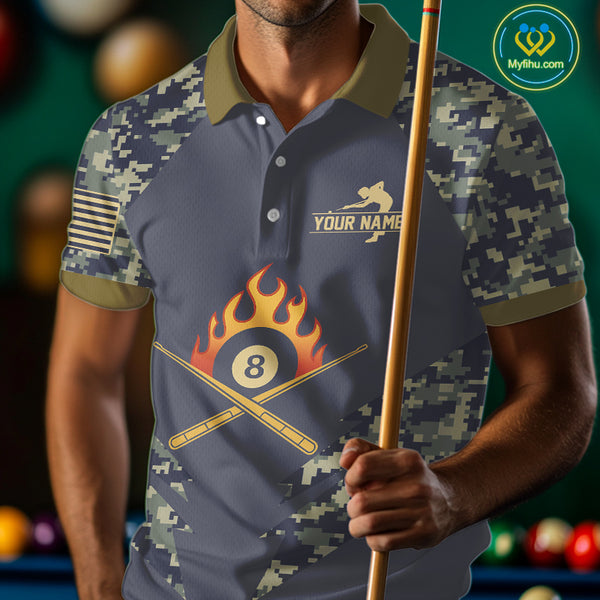 Personalized Flame 8 Ball Camo Billiard Shirts Custom Navy Blue Pool Team Jerseys Polo & 1/4 Zip TDM4332