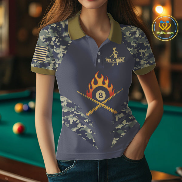Personalized Flame 8 Ball Camo Billiard Shirts Custom Navy Blue Pool Team Jerseys Polo & 1/4 Zip TDM4332