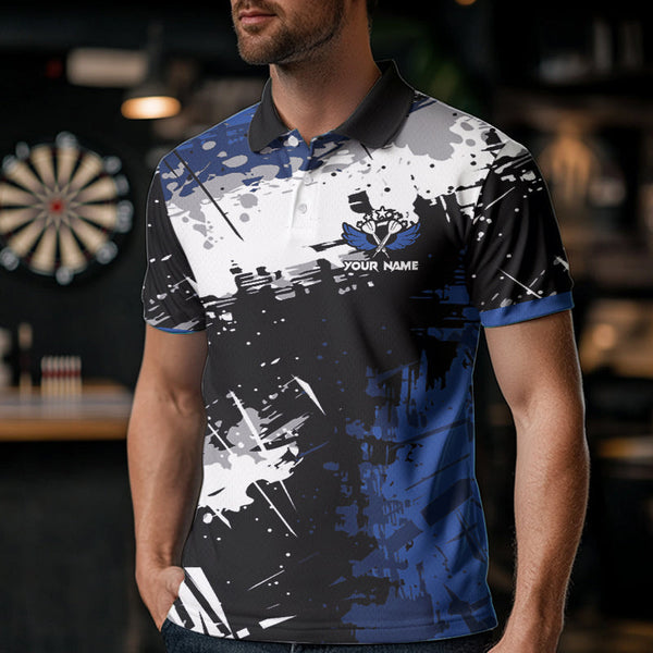 Custom Blue Grunge Darts Shirt With Pocket Option For Men, Dart Team Jersey TDM3538