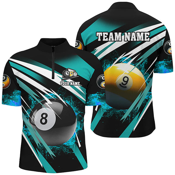 Billiard 8 Ball & 9 Ball Fire Men Polo & Quarter-Zip Shirt Custom Billiard Jersey Attire |Turquoise TDM1598