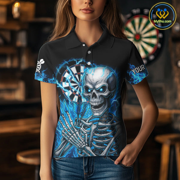 Blue Flaming Lightning Skeleton Darts Shirt For Women Custom Darts Jersey Team Polo & Quarter Zip TDM4344