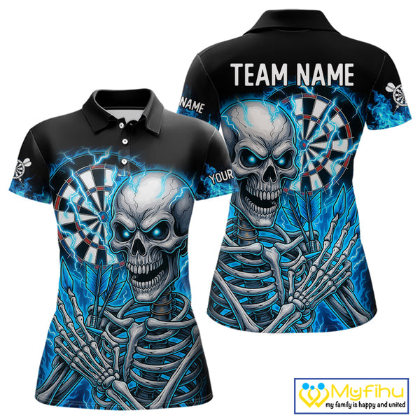 Blue Flaming Lightning Skeleton Darts Shirt For Women Custom Darts Jersey Team Polo & Quarter Zip TDM4344