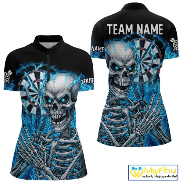 Blue Flaming Lightning Skeleton Darts Shirt For Women Custom Darts Jersey Team Polo & Quarter Zip TDM4344