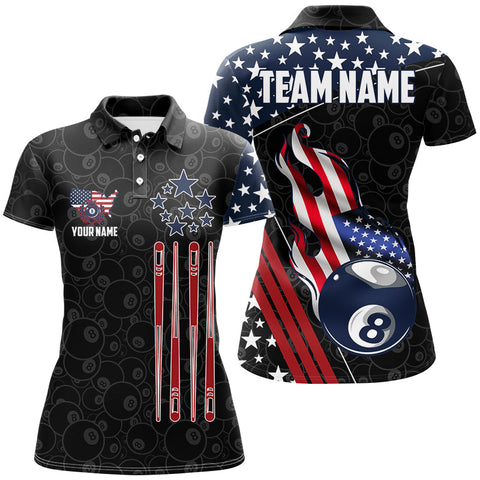 Personalized American Flag Ball 8 Pattern Women Billiard Shirts, Patriotic Billiard Jerseys | Black TDM2717