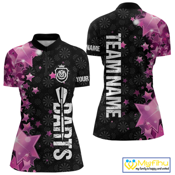 Pink And Black Custom Star Dart Shirts For Women, Glowing Dart Jerseys Funny Darts Team Shirts TDM3884