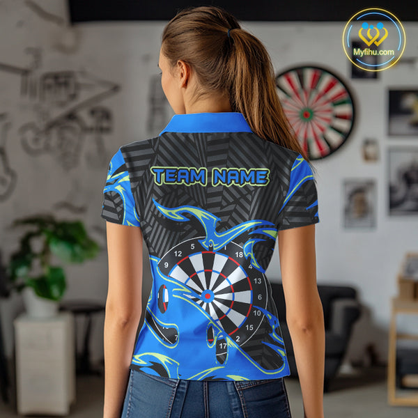 Custom Black And Blue Tribal Flame Dart Shirts For Women, Darts Team Jerseys Polo & Quarter Zip TDM3970