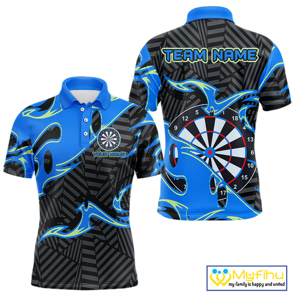 Custom Black And Blue Tribal Flame Dart Shirts For Men, Darts Team Jerseys Polo & Quarter Zip TDM3970