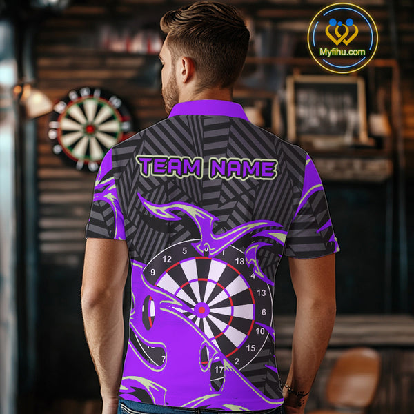 Custom Black And Purple Tribal Flame Dart Shirts For Men, Darts Team Jerseys Polo & Quarter Zip TDM3971