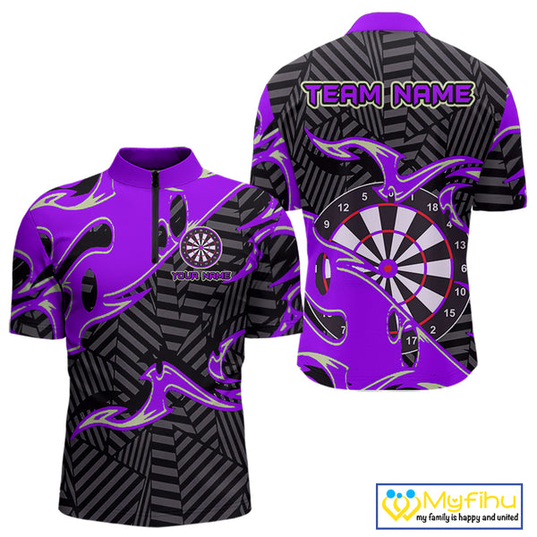 Custom Black And Purple Tribal Flame Dart Shirts For Men, Darts Team Jerseys Polo & Quarter Zip TDM3971