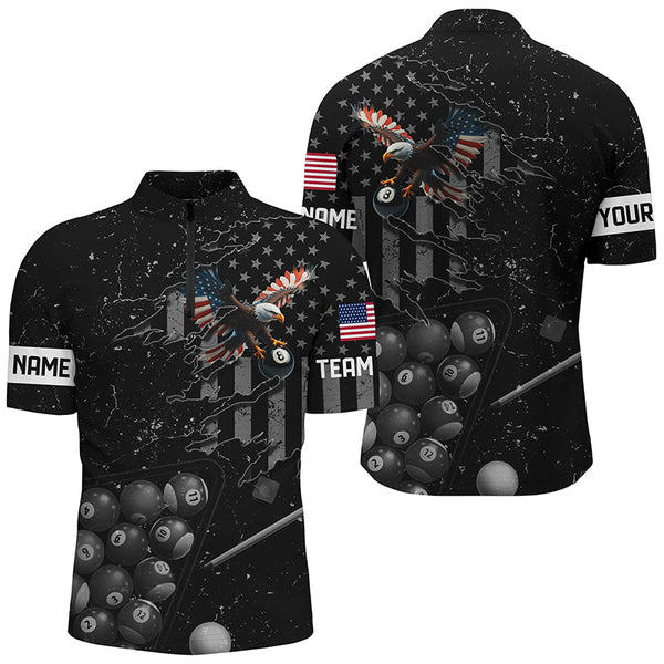 Customized Eagle Retro US Flag Black Billiard Shirts For Men, Best Patriotic Pool Player Shirts TDM2197