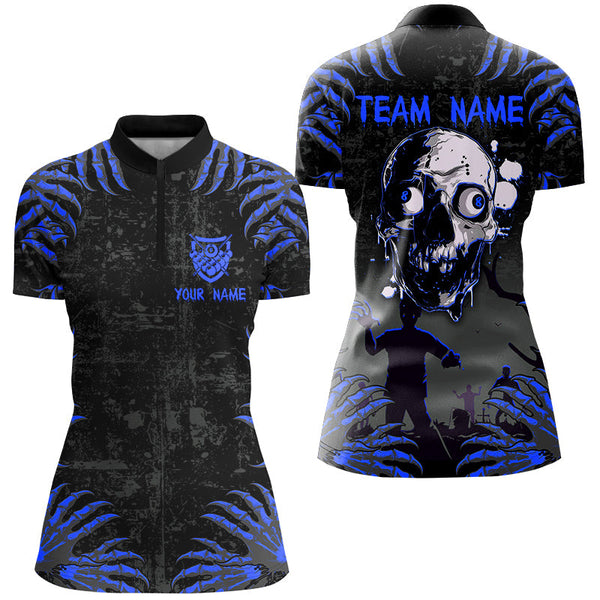 Funny Skull Claw Pattern Custom Women Billiard Shirts, Grunge Blue Black Cool Billiard Jerseys TDM3202