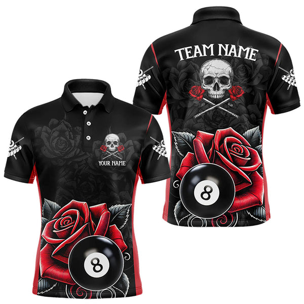 Black And Red 8 Ball Pool And Roses Custom Skull Billiard Shirts For Men, Unique Billiard Jerseys TDM3204