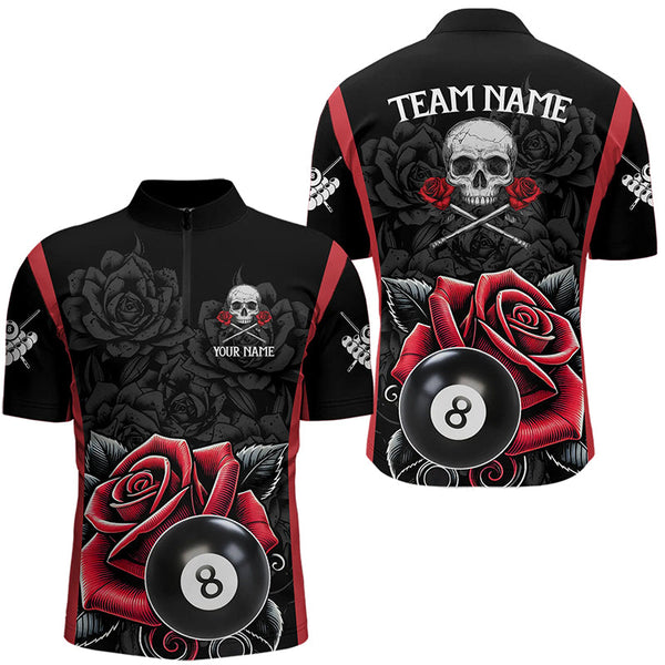 Black And Red 8 Ball Pool And Roses Custom Skull Billiard Shirts For Men, Unique Billiard Jerseys TDM3204