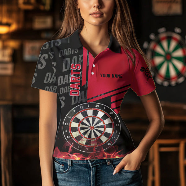 Black And Red Fire Darts Shirts For Women Custom Darts League Team Jerseys Darts Polo & 1/4 Zip TDM3412