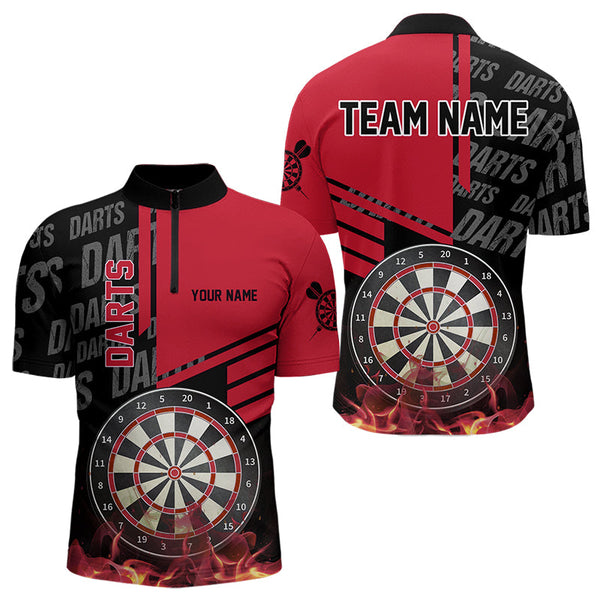 Black And Red Fire Darts Shirts For Men Custom Darts League Team Jerseys Darts Polo & 1/4 Zip TDM3412