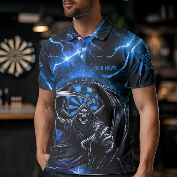 Personalized Blue Death Skeleton Custom Thunder Lightning Men Dart Shirts, 3D Darts Team Jerseys TDM3551