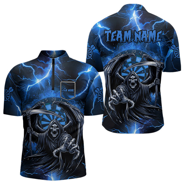Personalized Blue Death Skeleton Custom Thunder Lightning Men Dart Shirts, 3D Darts Team Jerseys TDM3551