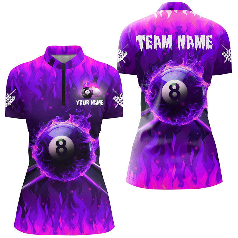 Personalized Purple 3D 8 Ball Pool &  Fire Women Quarter-Zip Shirt Custom Billiard Apparel TDM1436
