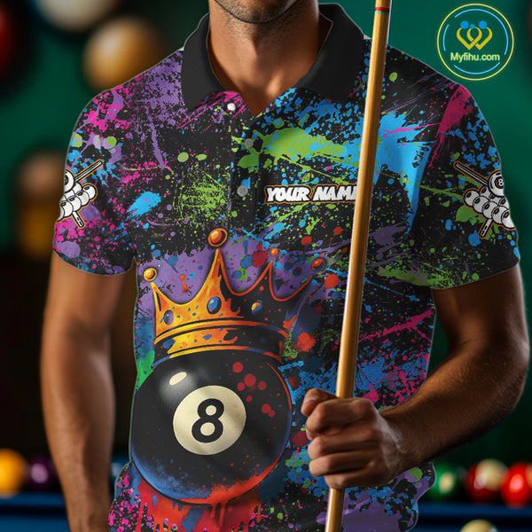 Funny 8 Ball Crown Colorful Paint Splash Custom Billiard Shirt For Men, Billiard Team Jerseys TDM3982