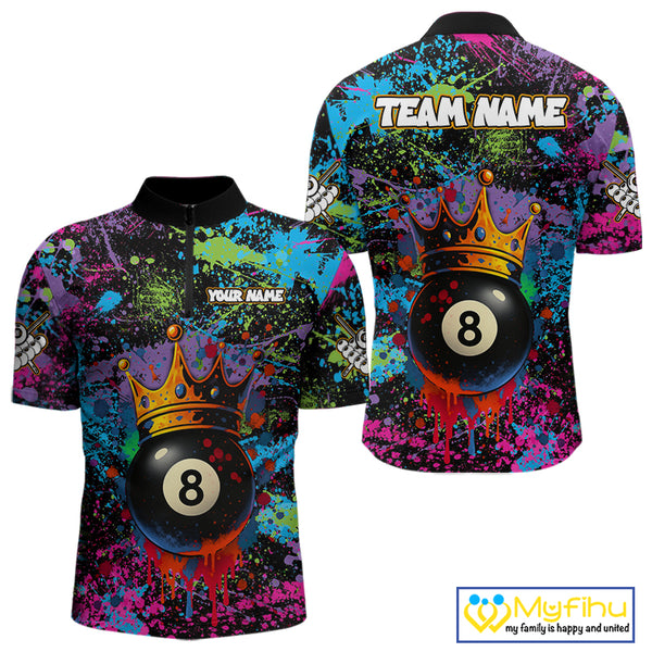 Funny 8 Ball Crown Colorful Paint Splash Custom Billiard Shirt For Men, Billiard Team Jerseys TDM3982