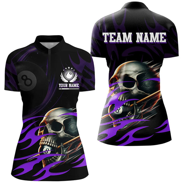 Funny Skull 8 Ball Pool Custom Women Billiard Polo & Quarter-Zip Shirt, Purple Billiard 8 Ball Jersey TDM2006