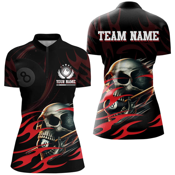 Funny Skull 8 Ball Pool Custom Women Billiard Polo & Quarter-Zip Shirts, Billiard 8 Ball Jerseys |Red TDM2007