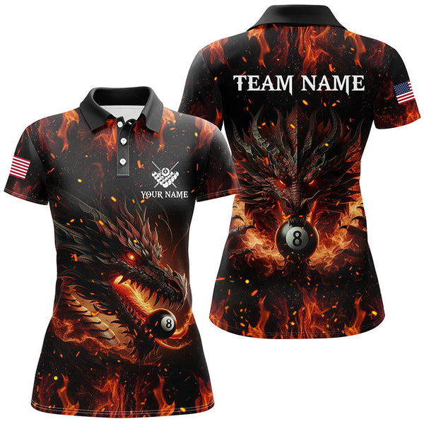 Personalized Dragon 8 Ball Pool Fire Flame Women Polo & Quarter-Zip Shirts, Unique Billiard Attire TDM2008