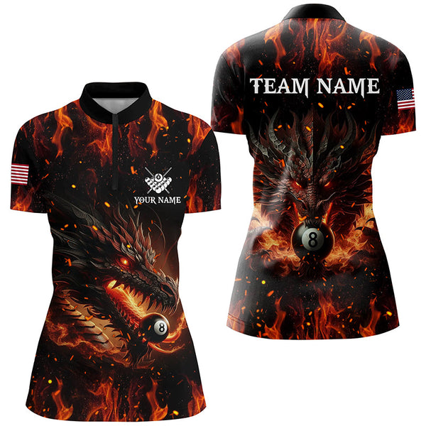 Personalized Dragon 8 Ball Pool Fire Flame Women Polo & Quarter-Zip Shirts, Unique Billiard Attire TDM2008
