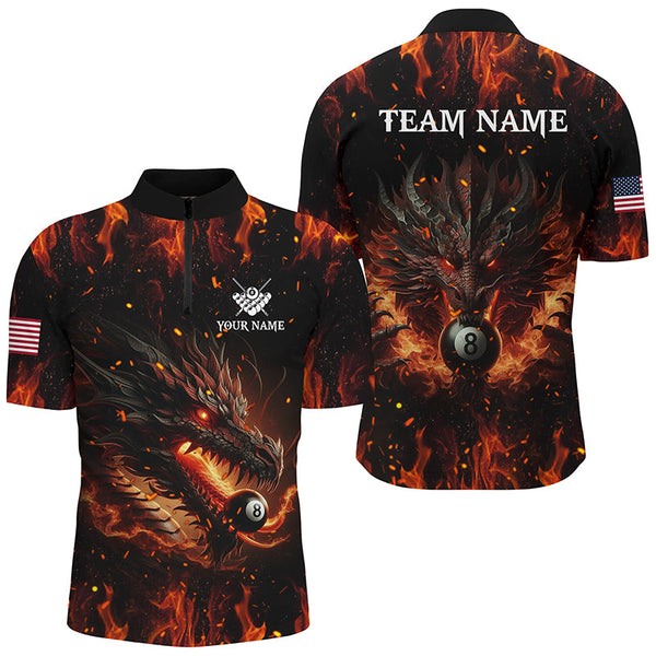 Personalized Dragon 8 Ball Pool Fire Flame Men Polo & Quarter-Zip Shirts, Unique Billiard Attire TDM2008