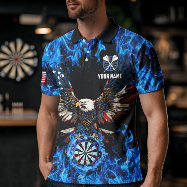 Blue Flaming American Flag Eagle Custom 3D Dart Shirts For Men, Patriotic Darts Team Jersey TDM3556