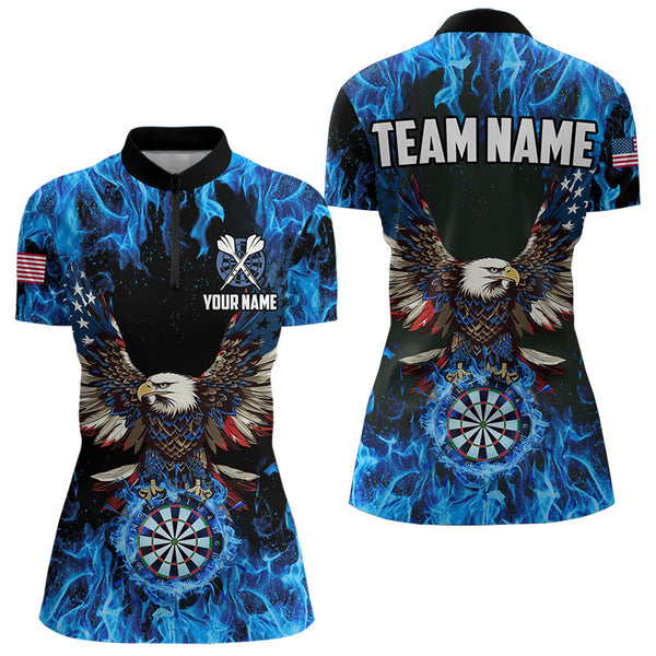 Blue Flaming  American Flag Eagle Custom 3D Dart Shirts For Women, Patriotic Darts Team Jersey TDM3556