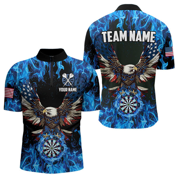 Blue Flaming American Flag Eagle Custom 3D Dart Shirts For Men, Patriotic Darts Team Jersey TDM3556