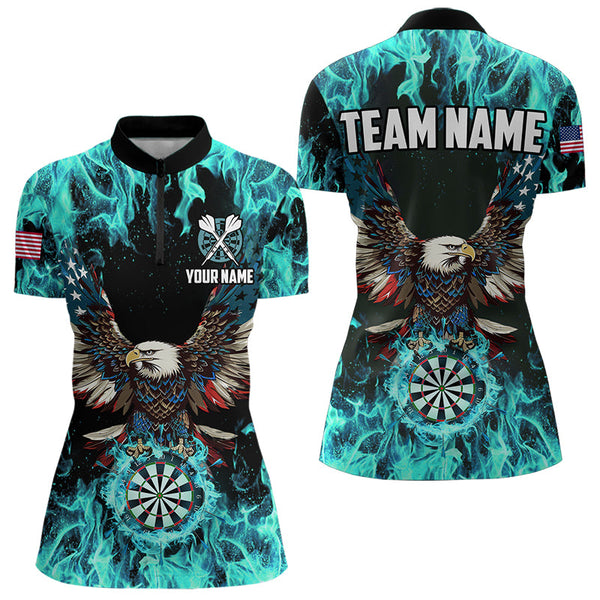 Turquoise Flame American Flag Eagle Custom 3D Dart Shirt For Women Patriotic Darts League Team Jersey TDM3557