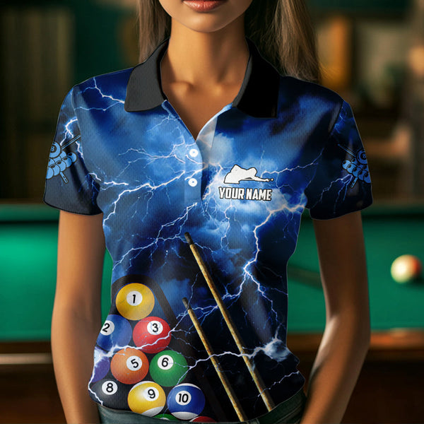Personalized 3D Pool Ball Thunder Lightning Blue Billiard Shirts For Women, 8 Ball Billiard Jerseys TDM3717