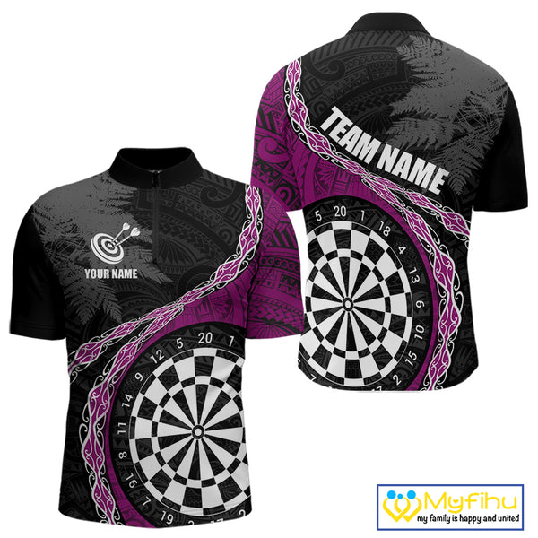 Custom Black And Purple Tribal Darts Shirts For Men | Team Polo & Quarter Zip Darts Jerseys TDM3991