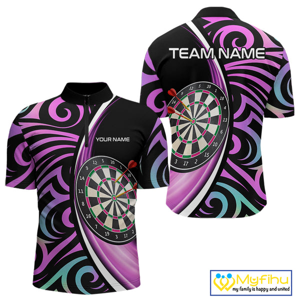Funny Neon Purple Tribal Dart Shirts For Men – Custom Team Darts Jersey Polo & Quarter Zip TDM3993