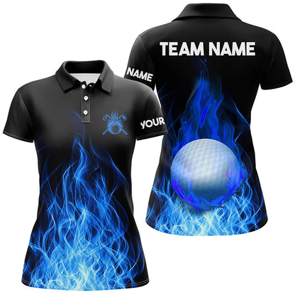 Womens Golf Polo Shirts Custom Golf Ball Fire Flame Golf Outfit For Ladies, Best Golf Gifts |Blue TDM1817
