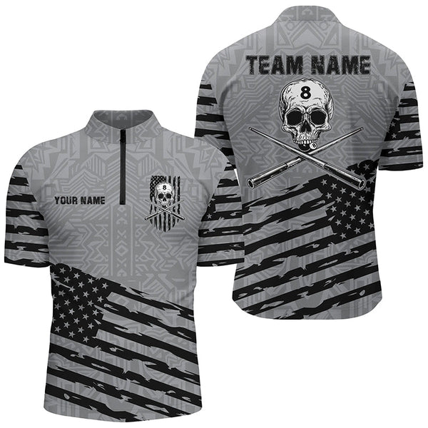 Personalized Grey US Flag Skull Billiard Shirts For Men Custom Patriotic Billiard Pool Jerseys TDM2220