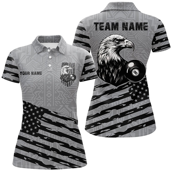 Personalized Grey US Flag Eagle Billiard Shirts For Women Custom Patriotic Billiard Pool Jerseys TDM2221
