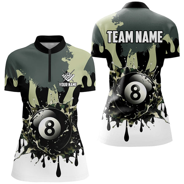 Personalized 8 Ball Pool Green Camo Ink Billiard Shirts For Women, Gifts For Team Billiard Lovers TDM2225