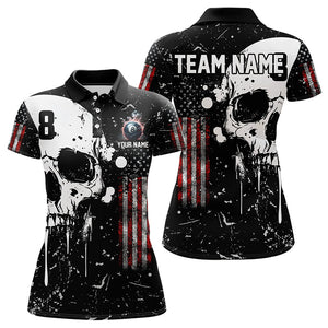 Black Grunge Skull American Flag Women Billiard Polo, Quarter Zip Custom Patriotic Billiard Jersey TDM3232