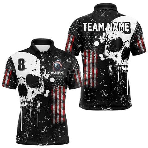 Black Grunge Skull American Flag Men Billiard Polo, Quarter Zip Custom Patriotic Billiard Jersey TDM3232