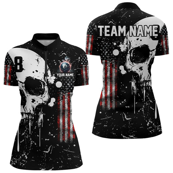 Black Grunge Skull American Flag Women Billiard Polo, Quarter Zip Custom Patriotic Billiard Jersey TDM3232