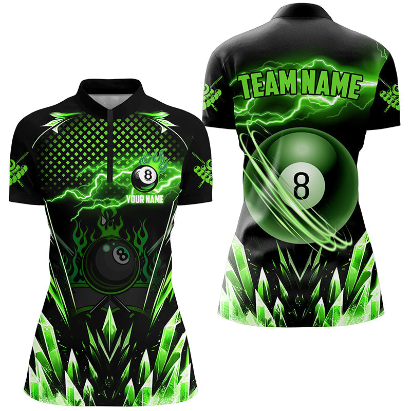 Custom Green Icy Lightning 8 Ball Pool Women Quarter-Zip Shirts, Billiard Team League Jersey TDM1443