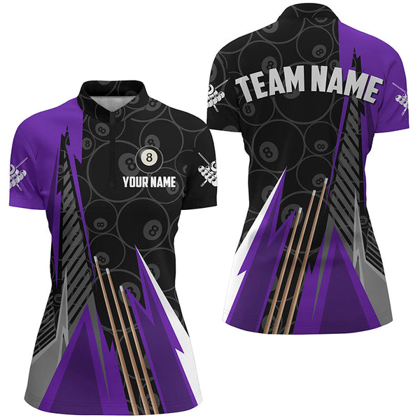 Personalized Black Purple Billiard Pattern Women Polo & 1/4 Zip Shirts, Billiard Team Jersey Uniform TDM1614
