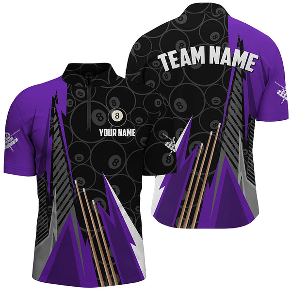 Personalized Black Purple Billiard Pattern Men Polo & 1/4 Zip Shirts, Billiard Team Jersey Uniform TDM1614