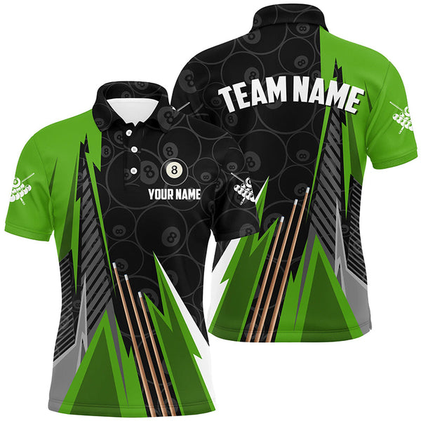 Personalized Black Green Billiard Pattern Men Polo & 1/4 Zip Shirts, Billiard Team Jersey Uniform TDM1615
