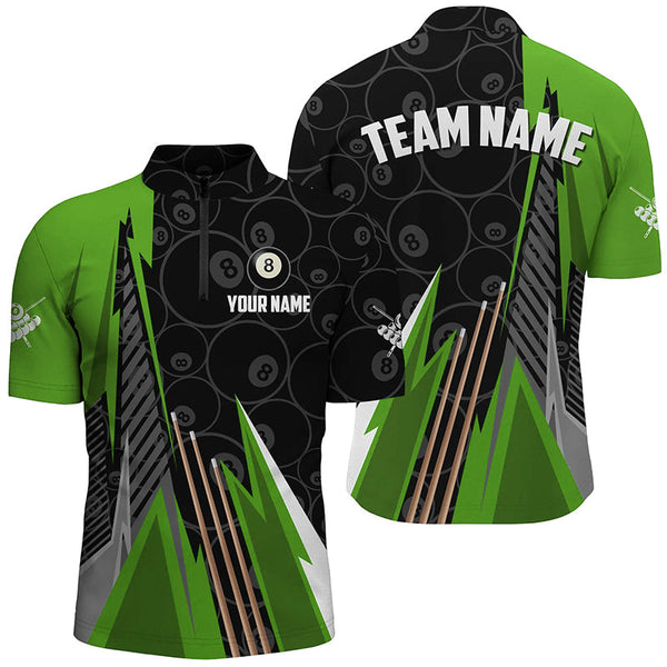 Personalized Black Green Billiard Pattern Men Polo & 1/4 Zip Shirts, Billiard Team Jersey Uniform TDM1615