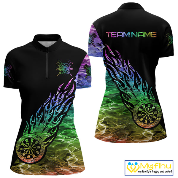 Colorful Rainbow Fire Flame Darts Polo & Quarter Zip Custom Dart Shirt For Women Dart Jerseys TDM3995
